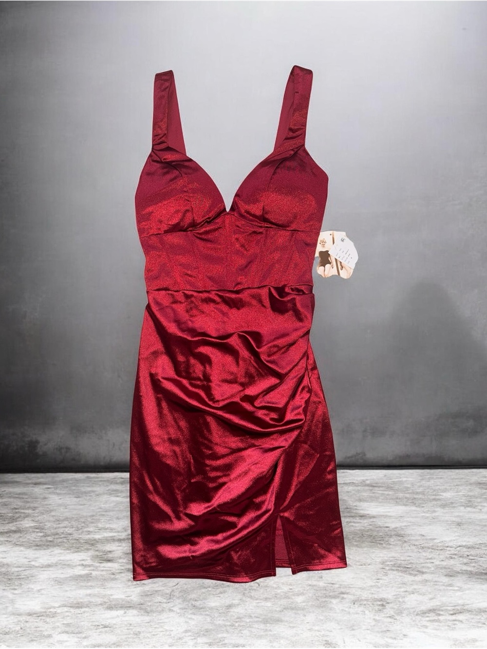 Honey and Rosie Wine Satin Ruched Lace-Up Back Bodycon Dress Size M NWT
